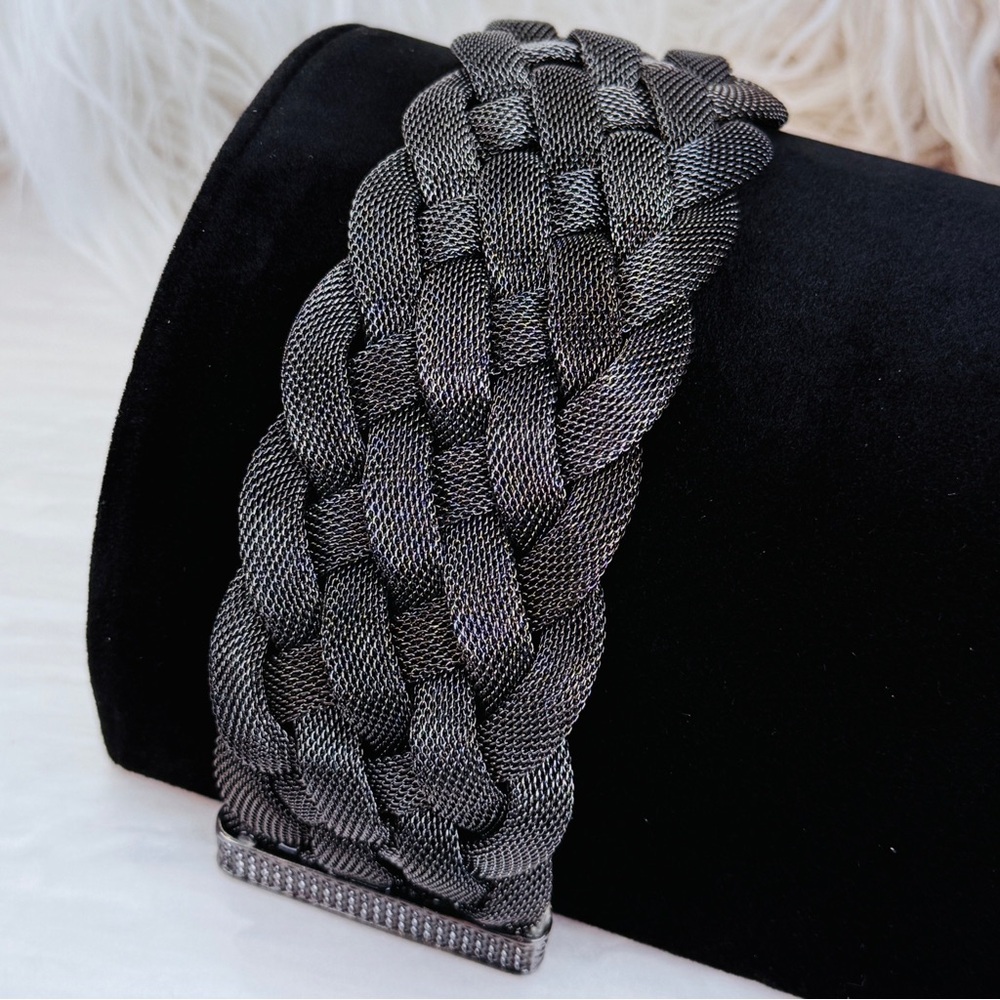 Vintage Gunmetal Mesh Braided Statement Bracelet Magnetic Clasp Wide Cuff